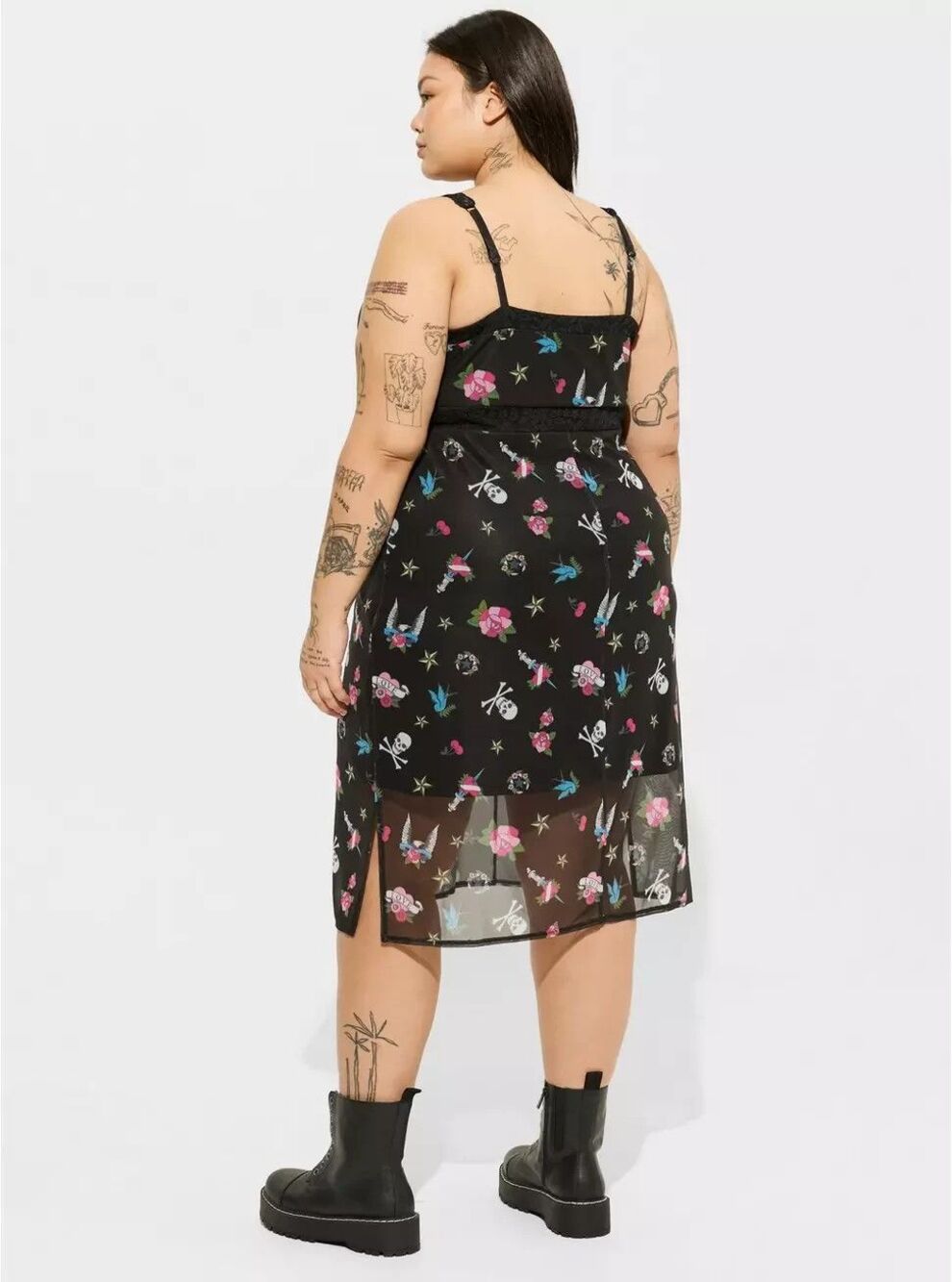 Betsey Johnson x Torrid Mesh Tattoo Midi Slip Dress PLUS 2X Lace Straps Skull BG - Picture 3 of 11